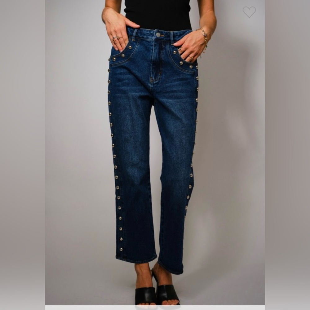 Stud-Trim Dark Blue Straight Leg Jeans - Women